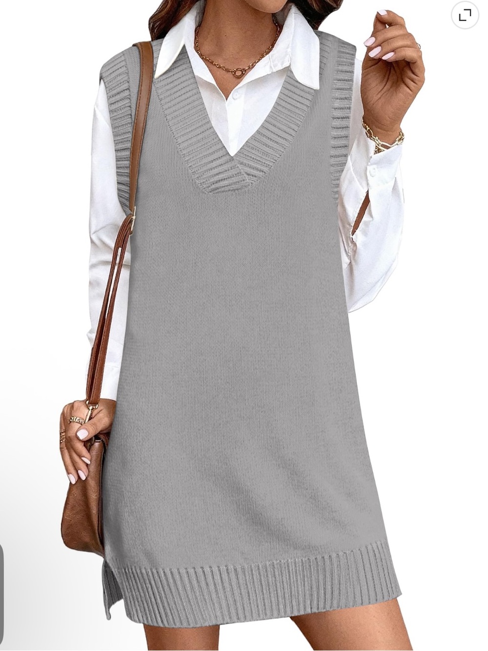 Classic V-Neck Knit Sweater Vest Dress - Gray large